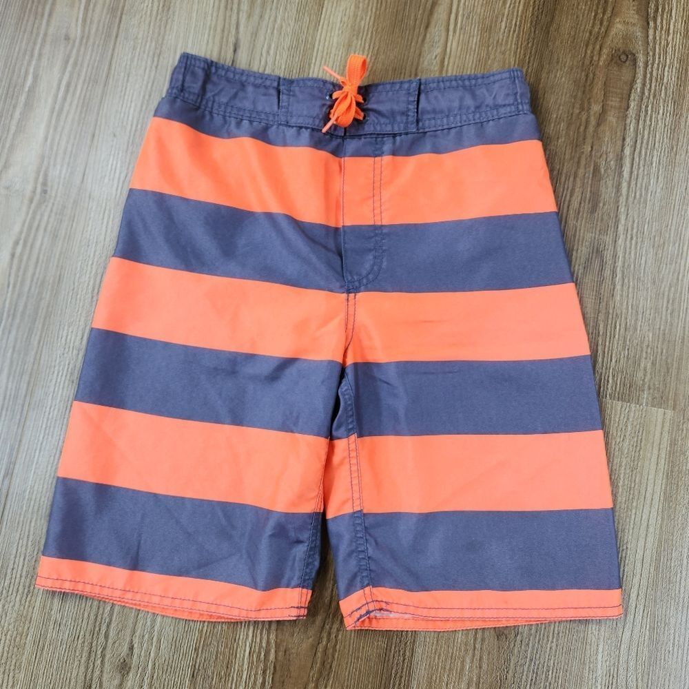🔸️Old Navy Orange & Gray Striped Board Swim Shorts Youth Medium